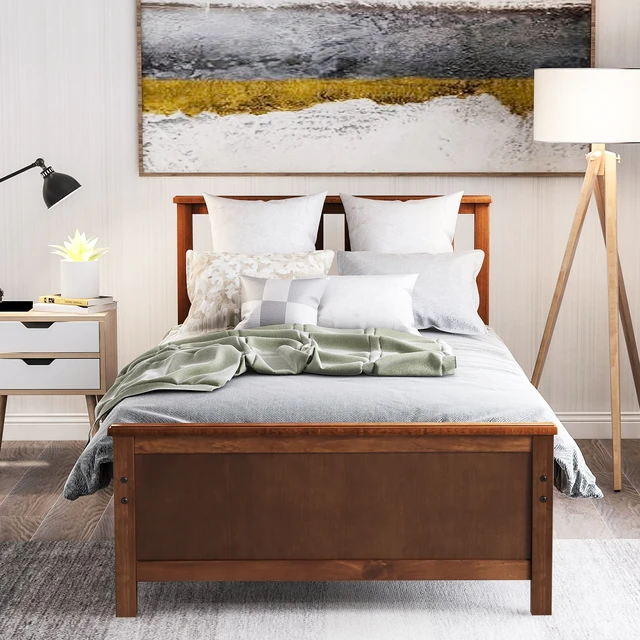 Alt view image 2 of 7 - Twin Size Wood Platform Bed with Headboard,Footboard and Wood Slat Support, Walnut