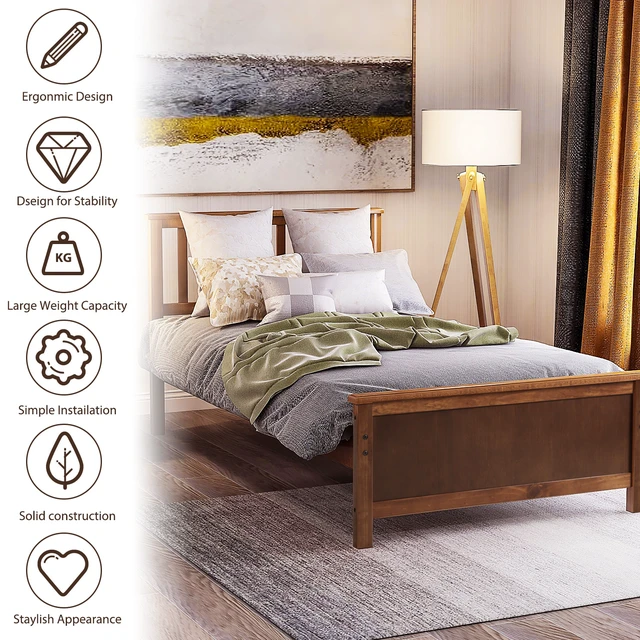 Alt view image 3 of 7 - Twin Size Wood Platform Bed with Headboard,Footboard and Wood Slat Support, Walnut