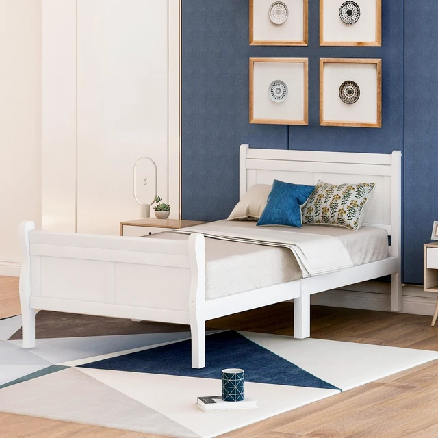 Main image of Wood Platform Bed Twin Bed Frame Mattress Foundation Sleigh Bed with Headboard/Footboard/Wood Slat Support