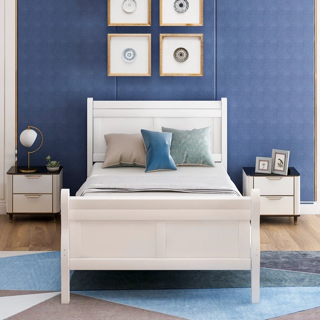 Alt view image 2 of 7 - Wood Platform Bed Twin Bed Frame Mattress Foundation Sleigh Bed with Headboard/Footboard/Wood Slat Support
