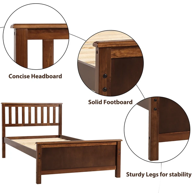 Alt view image 4 of 7 - Twin Size Wood Platform Bed with Headboard,Footboard and Wood Slat Support, Walnut