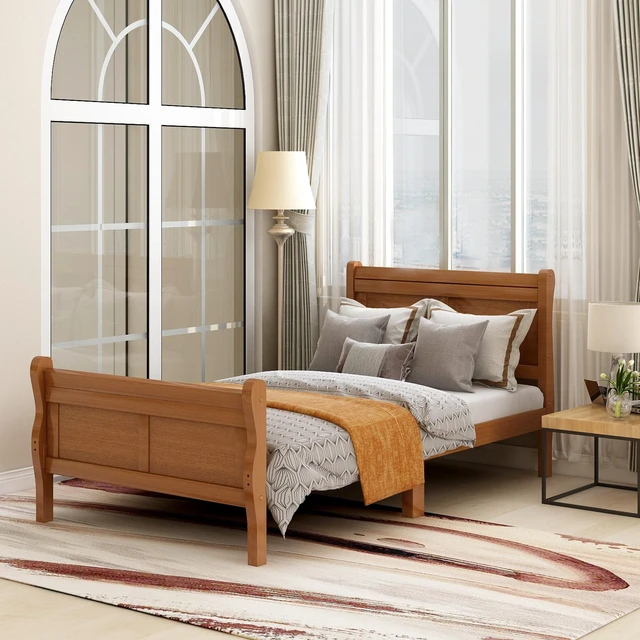Main image of Wood Platform Bed Twin Bed Frame Mattress Foundation Sleigh Bed with Headboard/Footboard/Wood Slat Support