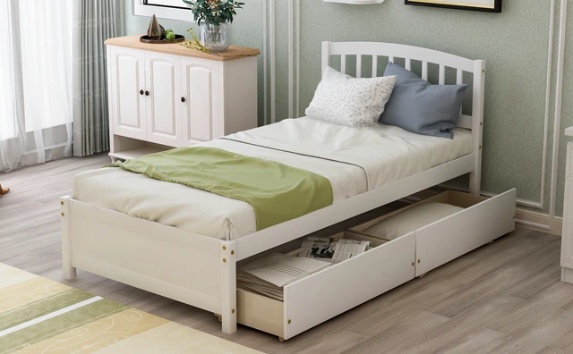 Alt view image 3 of 7 - Twin Platform Storage Bed Wood Bed Frame with Two Drawers and Headboard, White (Previous SKU: SF000062KAA)