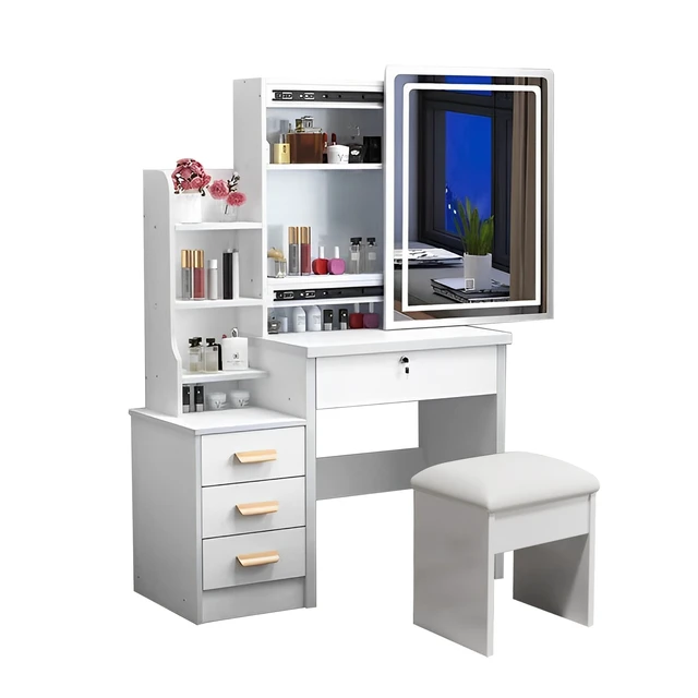 Alt view image 2 of 7 - Fashion Vanity Desk with Mirror and Lights for Makeup and Chair, Vanity Mirror with Lights and Table Set with 3 Color Lighting Brightness Adjustable, 4 Drawers, White Color