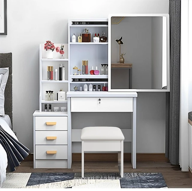 Main image of Fashion Vanity Desk with Mirror and Lights for Makeup and Chair, Vanity Mirror with Lights and Table Set with 3 Color Lighting Brightness Adjustable, 4 Drawers, White Color