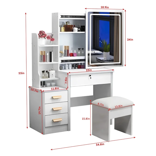 Alt view image 3 of 7 - Fashion Vanity Desk with Mirror and Lights for Makeup and Chair, Vanity Mirror with Lights and Table Set with 3 Color Lighting Brightness Adjustable, 4 Drawers, White Color