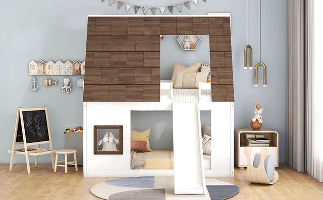 Alt view image 4 of 7 - Wood Twin Size House Bunk Bed with Roof, Ladder and Slide, White+Brown