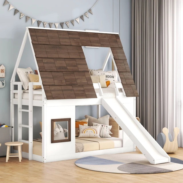 Main image of Wood Twin Size House Bunk Bed with Roof, Ladder and Slide, White+Brown