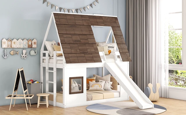 Alt view image 5 of 7 - Wood Twin Size House Bunk Bed with Roof, Ladder and Slide, White+Brown
