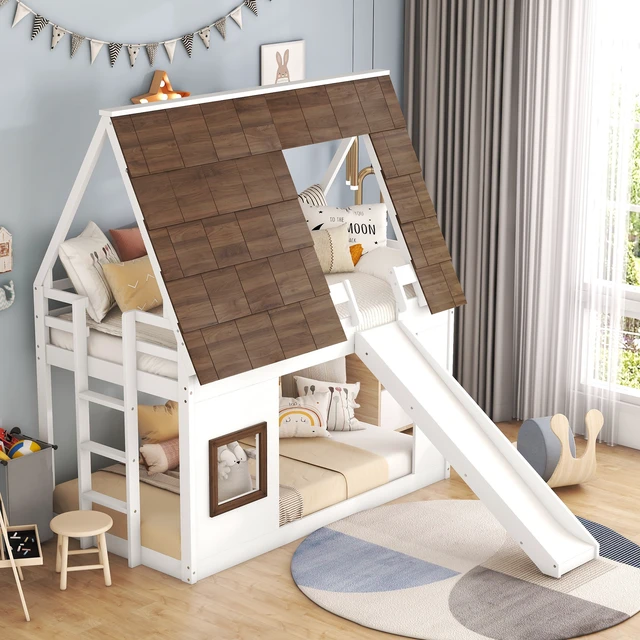 Alt view image 2 of 7 - Wood Twin Size House Bunk Bed with Roof, Ladder and Slide, White+Brown