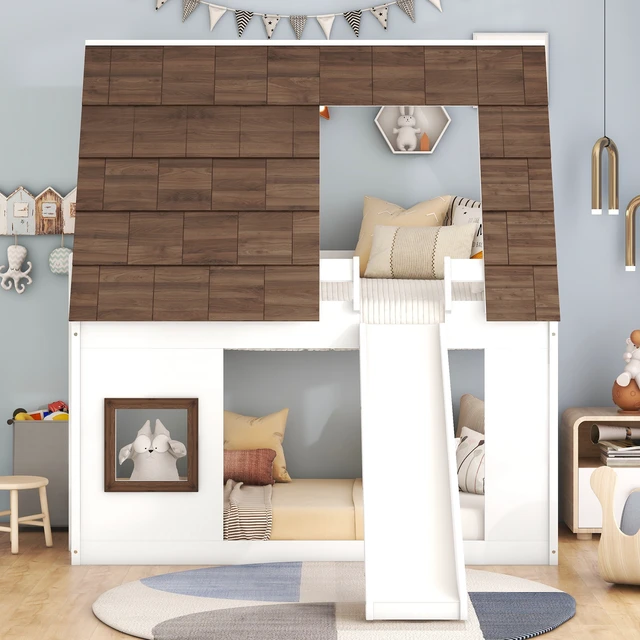 Alt view image 3 of 7 - Wood Twin Size House Bunk Bed with Roof, Ladder and Slide, White+Brown