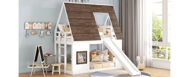 Alt view image 7 of 7 - Wood Twin Size House Bunk Bed with Roof, Ladder and Slide, White+Brown
