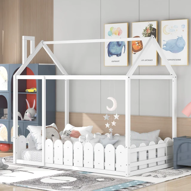 Main image of {Slats are not included}Twin Size Wood Bed House Bed Frame with Fence,for Kids,Teens, Girls,Boys {White}{OLD SKU:WF194274AAK}