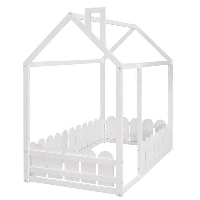 Alt view image 5 of 7 - {Slats are not included}Twin Size Wood Bed House Bed Frame with Fence,for Kids,Teens, Girls,Boys {White}{OLD SKU:WF194274AAK}