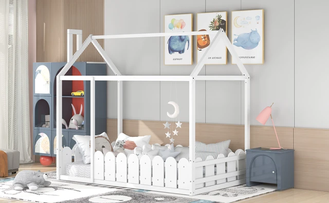 Alt view image 3 of 7 - {Slats are not included}Twin Size Wood Bed House Bed Frame with Fence,for Kids,Teens, Girls,Boys {White}{OLD SKU:WF194274AAK}