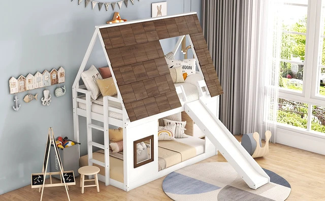 Alt view image 6 of 7 - Wood Twin Size House Bunk Bed with Roof, Ladder and Slide, White+Brown