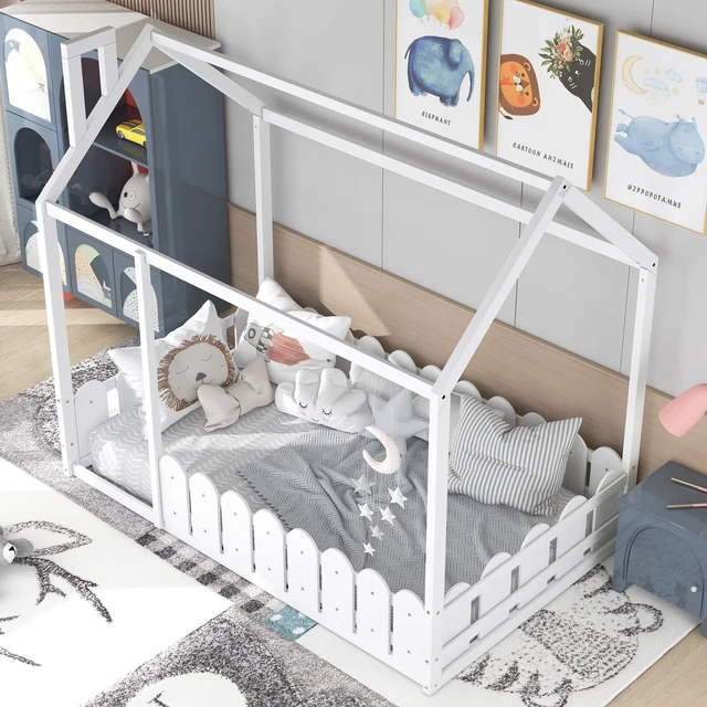 Alt view image 2 of 7 - {Slats are not included}Twin Size Wood Bed House Bed Frame with Fence,for Kids,Teens, Girls,Boys {White}{OLD SKU:WF194274AAK}