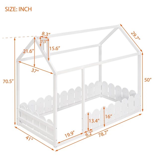 Alt view image 4 of 7 - {Slats are not included}Twin Size Wood Bed House Bed Frame with Fence,for Kids,Teens, Girls,Boys {White}{OLD SKU:WF194274AAK}