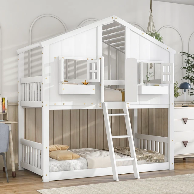 Main image of Twin over Twin House Bunk Bed with Roof , Window, Window Box, Door , with Safety Guardrails and Ladder,White