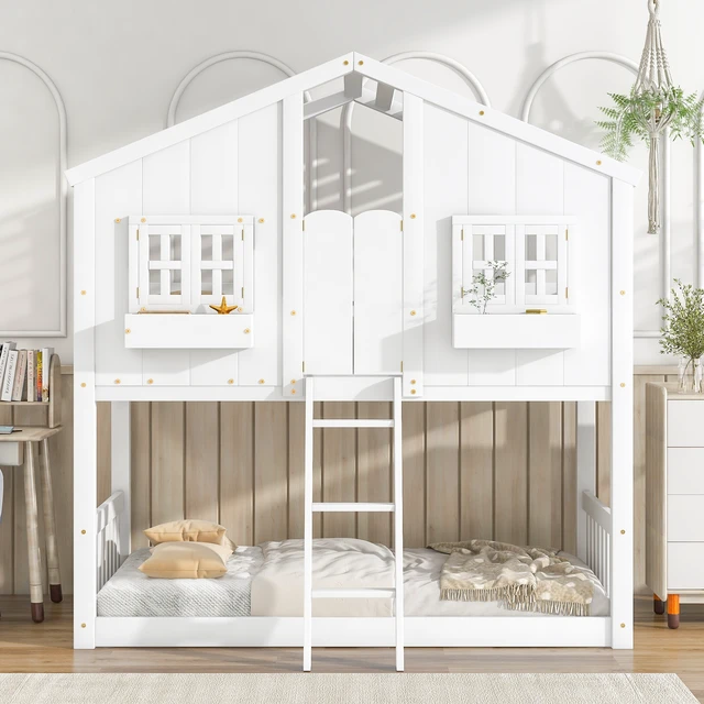Alt view image 2 of 7 - Twin over Twin House Bunk Bed with Roof , Window, Window Box, Door , with Safety Guardrails and Ladder,White