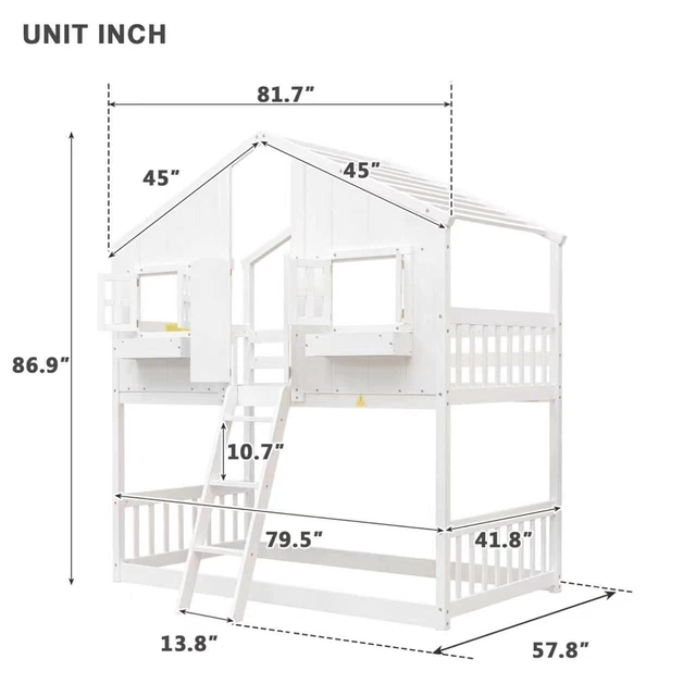 Alt view image 7 of 7 - Twin over Twin House Bunk Bed with Roof , Window, Window Box, Door , with Safety Guardrails and Ladder,White