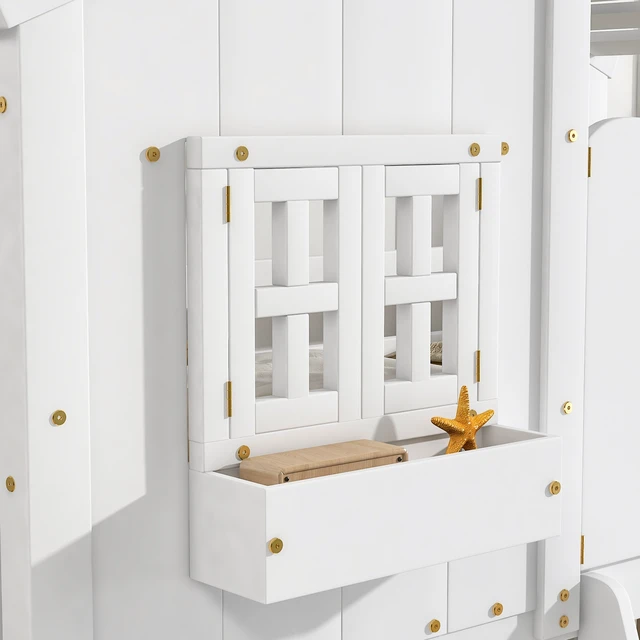 Alt view image 5 of 7 - Twin over Twin House Bunk Bed with Roof , Window, Window Box, Door , with Safety Guardrails and Ladder,White