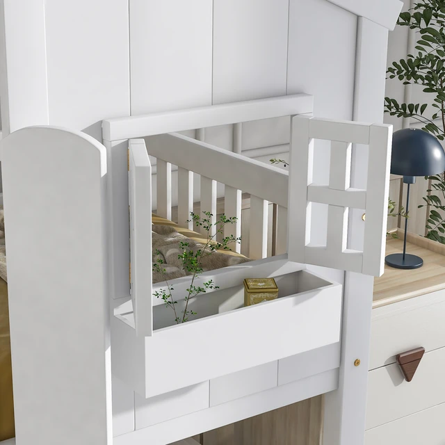 Alt view image 4 of 7 - Twin over Twin House Bunk Bed with Roof , Window, Window Box, Door , with Safety Guardrails and Ladder,White