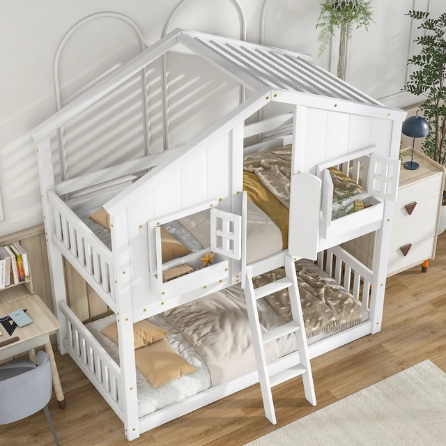 Alt view image 3 of 7 - Twin over Twin House Bunk Bed with Roof , Window, Window Box, Door , with Safety Guardrails and Ladder,White