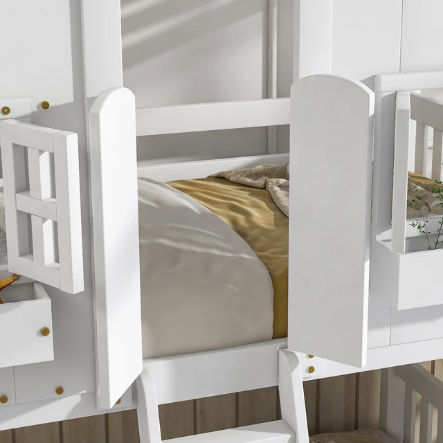 Alt view image 6 of 7 - Twin over Twin House Bunk Bed with Roof , Window, Window Box, Door , with Safety Guardrails and Ladder,White