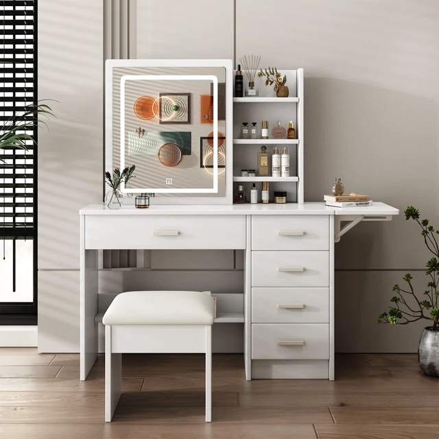 Main image of Fashion Vanity Desk with Mirror and Lights for Makeup with open shelves and Chair, Vanity Mirror with Lights and Table Set with 3 Color Lighting Brightness Adjustable, 5 Drawers, White Color