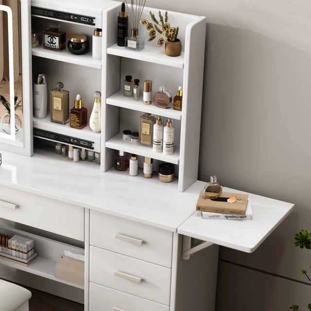 Alt view image 5 of 7 - Fashion Vanity Desk with Mirror and Lights for Makeup with open shelves and Chair, Vanity Mirror with Lights and Table Set with 3 Color Lighting Brightness Adjustable, 5 Drawers, White Color