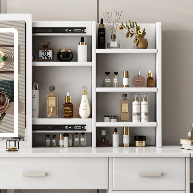 Alt view image 6 of 7 - Fashion Vanity Desk with Mirror and Lights for Makeup with open shelves and Chair, Vanity Mirror with Lights and Table Set with 3 Color Lighting Brightness Adjustable, 5 Drawers, White Color