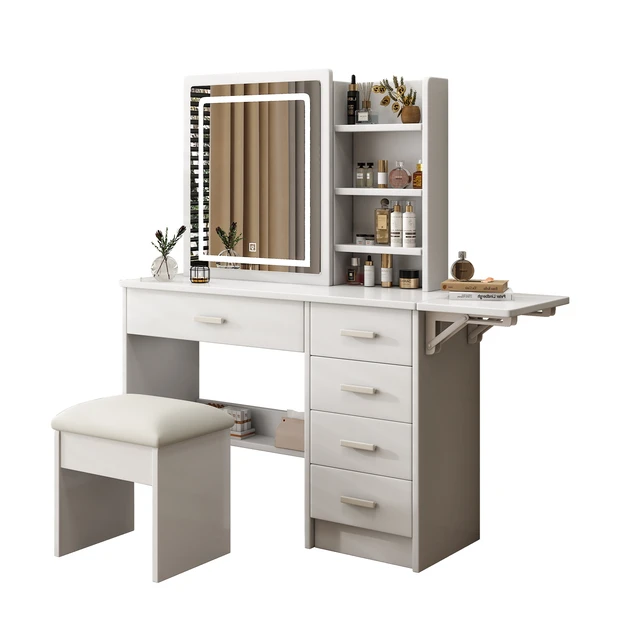 Alt view image 4 of 7 - Fashion Vanity Desk with Mirror and Lights for Makeup with open shelves and Chair, Vanity Mirror with Lights and Table Set with 3 Color Lighting Brightness Adjustable, 5 Drawers, White Color