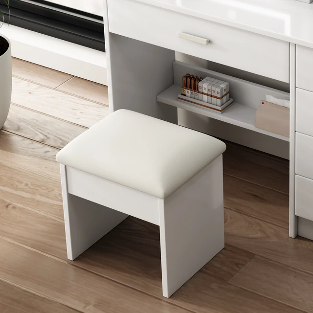Alt view image 7 of 7 - Fashion Vanity Desk with Mirror and Lights for Makeup with open shelves and Chair, Vanity Mirror with Lights and Table Set with 3 Color Lighting Brightness Adjustable, 5 Drawers, White Color