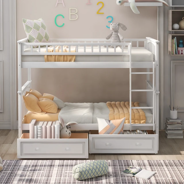 Alt view image 2 of 7 - Twin over Twin Bunk Bed with Drawers, Convertible Beds, White