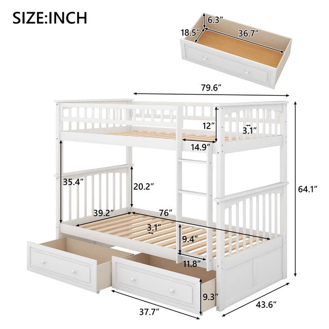 Alt view image 5 of 7 - Twin over Twin Bunk Bed with Drawers, Convertible Beds, White