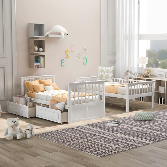 Alt view image 3 of 7 - Twin over Twin Bunk Bed with Drawers, Convertible Beds, White