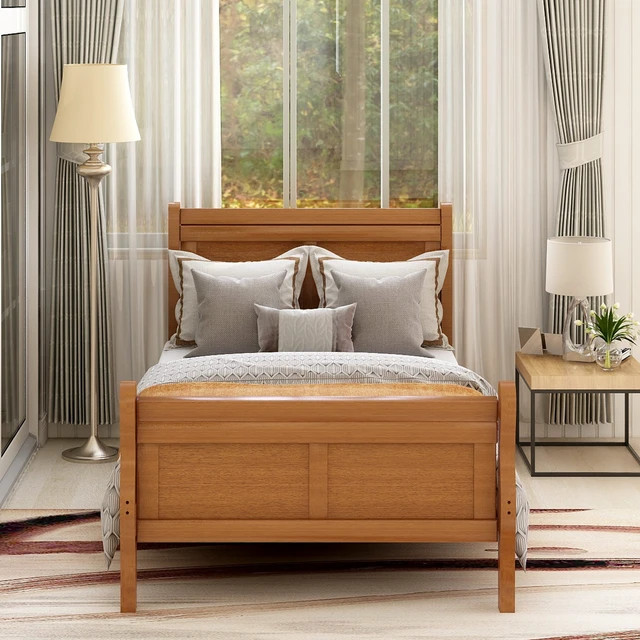 Alt view image 2 of 7 - Wood Platform Bed Twin Bed Frame Mattress Foundation Sleigh Bed with Headboard/Footboard/Wood Slat Support
