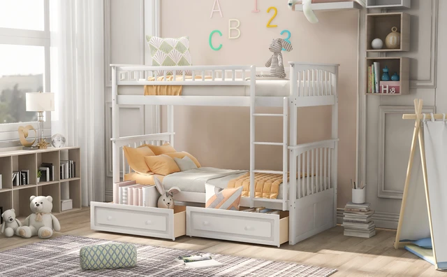 Alt view image 4 of 7 - Twin over Twin Bunk Bed with Drawers, Convertible Beds, White