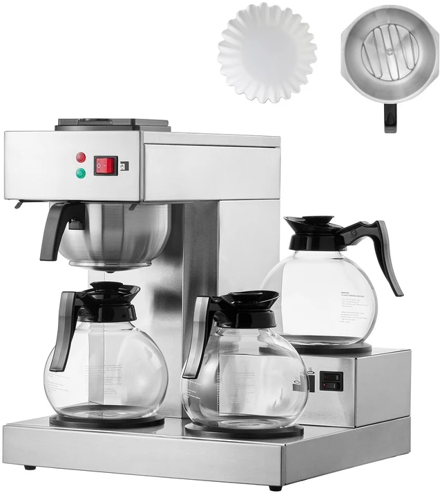 Main image of 12 Cups Commercial Drip Coffee Maker, Coffee Maker Machine with 3 Glass Carafes and 3 Warmer Plates, Stainless Steel Pour Over Coffee Brewer with Auto Water Intake, for Restaurant Office Cafe