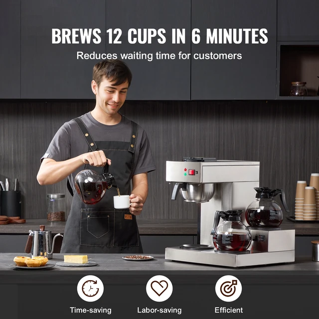 Alt view image 2 of 7 - 12 Cups Commercial Drip Coffee Maker, Coffee Maker Machine with 3 Glass Carafes and 3 Warmer Plates, Stainless Steel Pour Over Coffee Brewer with Auto Water Intake, for Restaurant Office Cafe