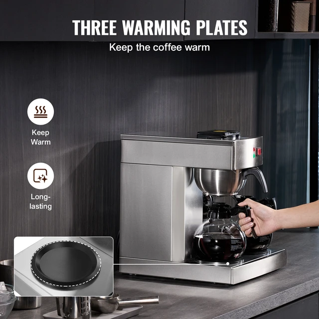 Alt view image 3 of 7 - 12 Cups Commercial Drip Coffee Maker, Coffee Maker Machine with 3 Glass Carafes and 3 Warmer Plates, Stainless Steel Pour Over Coffee Brewer with Auto Water Intake, for Restaurant Office Cafe