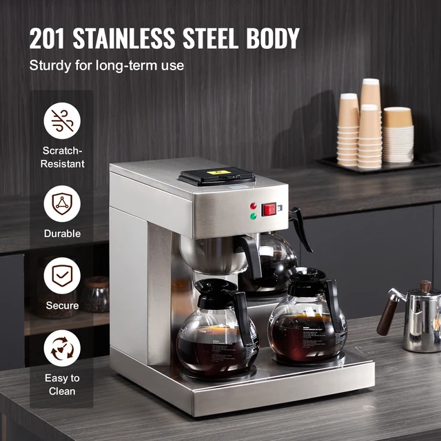 Alt view image 5 of 7 - 12 Cups Commercial Drip Coffee Maker, Coffee Maker Machine with 3 Glass Carafes and 3 Warmer Plates, Stainless Steel Pour Over Coffee Brewer with Auto Water Intake, for Restaurant Office Cafe