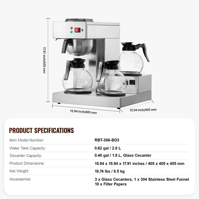 Alt view image 7 of 7 - 12 Cups Commercial Drip Coffee Maker, Coffee Maker Machine with 3 Glass Carafes and 3 Warmer Plates, Stainless Steel Pour Over Coffee Brewer with Auto Water Intake, for Restaurant Office Cafe