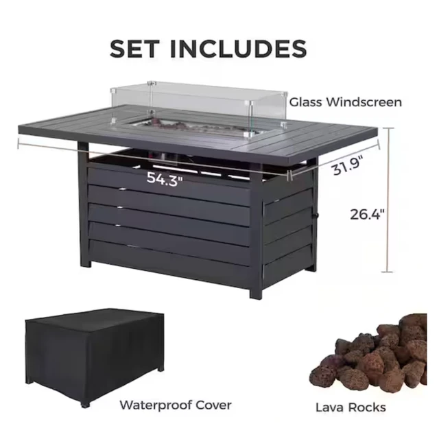 Alt view image 2 of 7 - 54.3 Outdoor Patio Dark Grey Aluminum Fire Pit Table, 50000 BTU CSA Certified Propane Gas Fire Pit, Rectangular Fire Table w/Stainless Burner, Lava Rock, Waterproof Cover