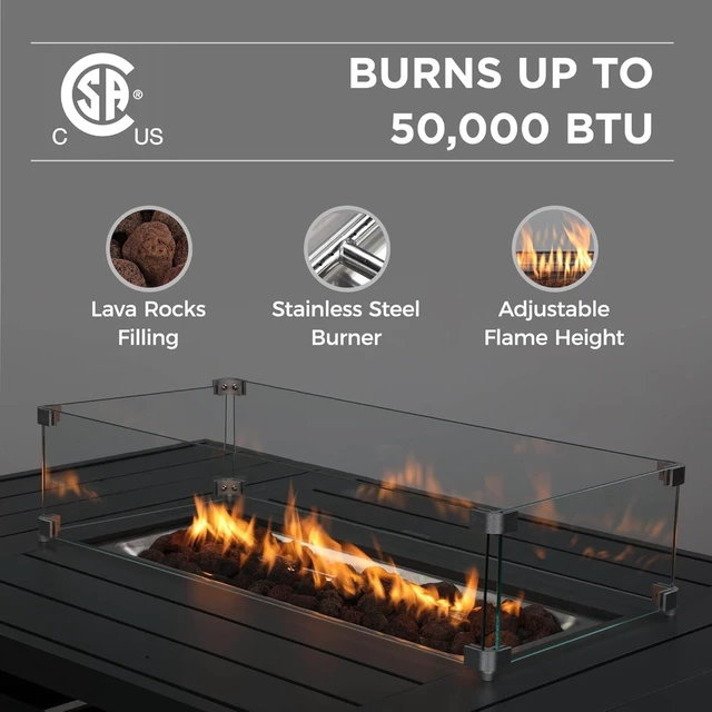 Alt view image 4 of 7 - 54.3 Outdoor Patio Dark Grey Aluminum Fire Pit Table, 50000 BTU CSA Certified Propane Gas Fire Pit, Rectangular Fire Table w/Stainless Burner, Lava Rock, Waterproof Cover