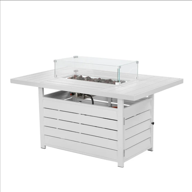 Main image of 54.3 Inches Outdoor Patio White Aluminum Fire Pit Table, 50000 BTU CSA Certified Propane Gas Fire Pit, Rectangular Fire Table w/Stainless Burner, Lava Rock, Waterproof Cover