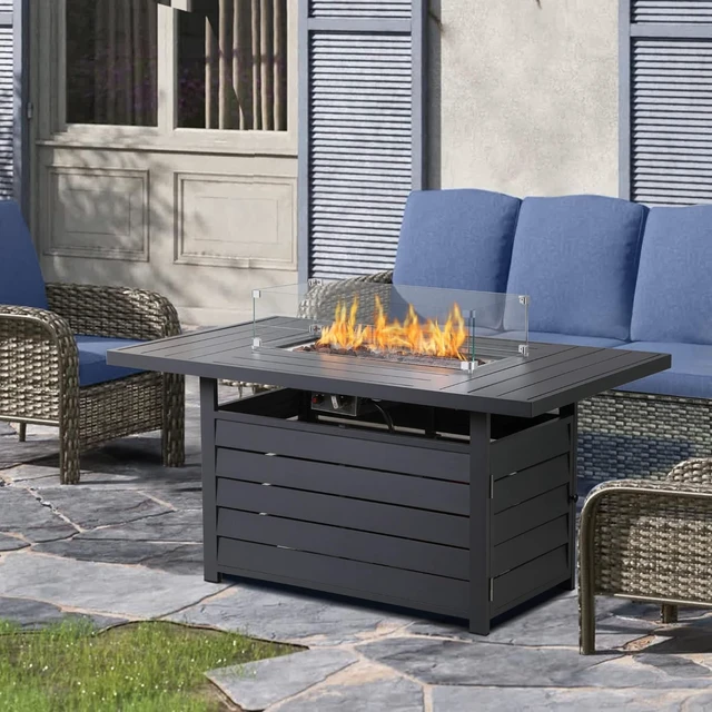 Alt view image 6 of 7 - 54.3 Outdoor Patio Dark Grey Aluminum Fire Pit Table, 50000 BTU CSA Certified Propane Gas Fire Pit, Rectangular Fire Table w/Stainless Burner, Lava Rock, Waterproof Cover