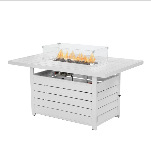 Alt view image 2 of 7 - 54.3 Inches Outdoor Patio White Aluminum Fire Pit Table, 50000 BTU CSA Certified Propane Gas Fire Pit, Rectangular Fire Table w/Stainless Burner, Lava Rock, Waterproof Cover