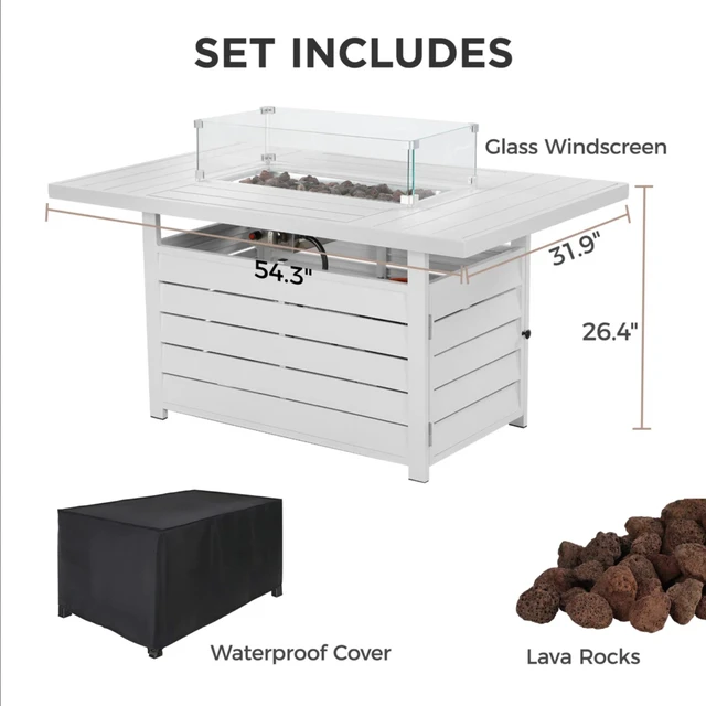 Alt view image 4 of 7 - 54.3 Inches Outdoor Patio White Aluminum Fire Pit Table, 50000 BTU CSA Certified Propane Gas Fire Pit, Rectangular Fire Table w/Stainless Burner, Lava Rock, Waterproof Cover